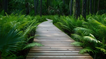 Fototapeta premium A serene wooden pathway winding through lush green ferns in a tranquil forest setting.