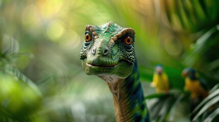 Fototapeta premium A colorful dinosaur-like creature surrounded by lush greenery and two small birds, exuding a curious and playful expression.