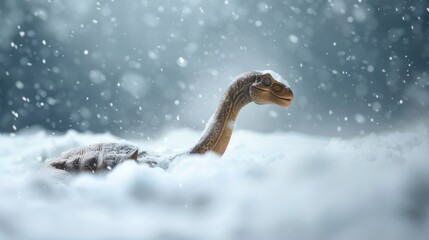 Fototapeta premium A dinosaur emerges through a snowy landscape, surrounded by falling snowflakes, depicting a serene and mystical winter scene.
