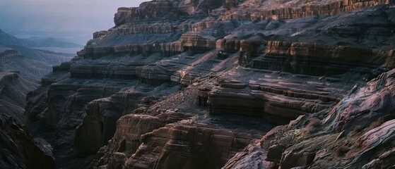 Layers of vibrant rock formations bathed in soft, natural light create a mesmerizing, stratified canyon vista under a tranquil sky.