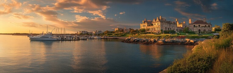 Fototapeta premium A picturesque panorama of a historic seaside at sunset with yachts and elegant mansions lining the waterfront