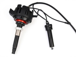 A distributor and ignition coil placed on a white background, component, machinery
