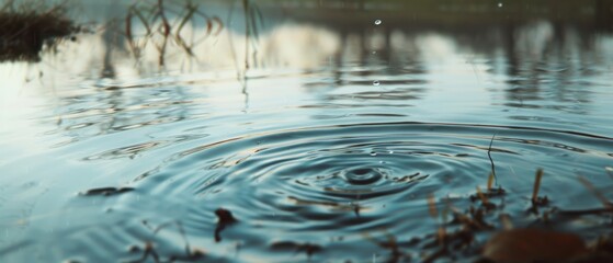 A serene pond captures the moment a raindrop dances into calming ripples, surrounded by delicate reeds under a reflective sky.