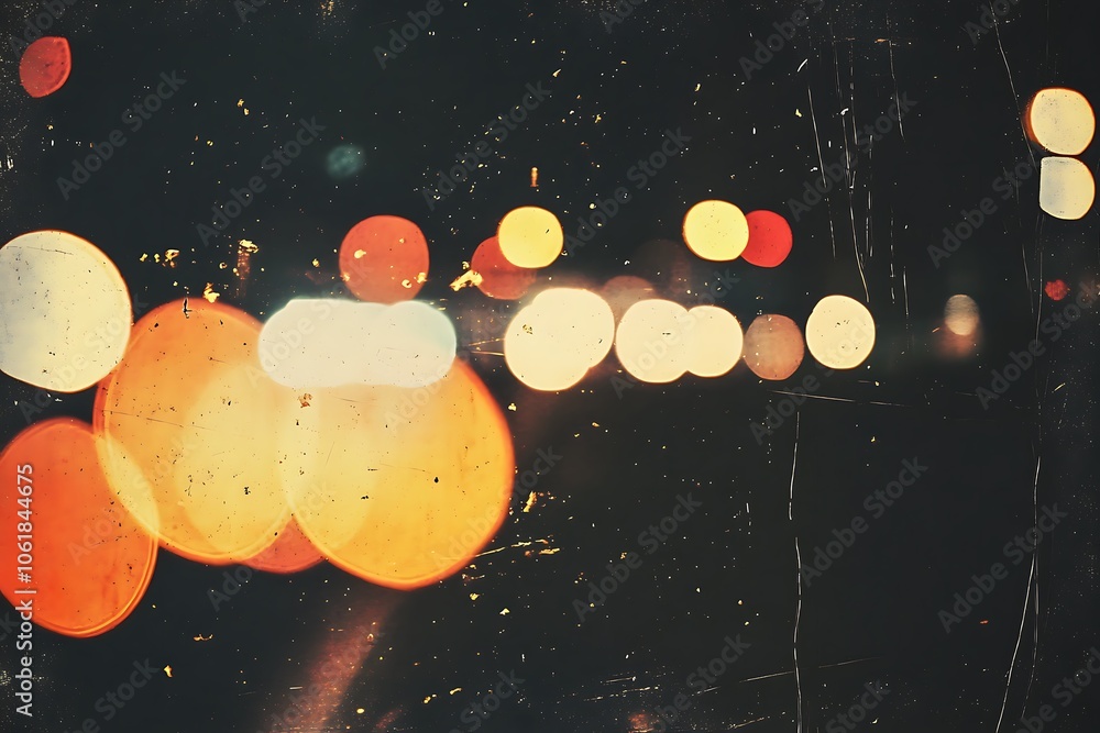 Poster abstract bokeh of city lights at night through a dusty window pane.