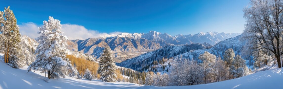 Breathtaking winter panorama of the Wasatch Mountains under a clear blue sky
