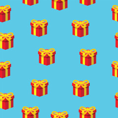 Seamless pattern background with red giftbox vector illustration on the light blue background. Present, surprise, package, birthday