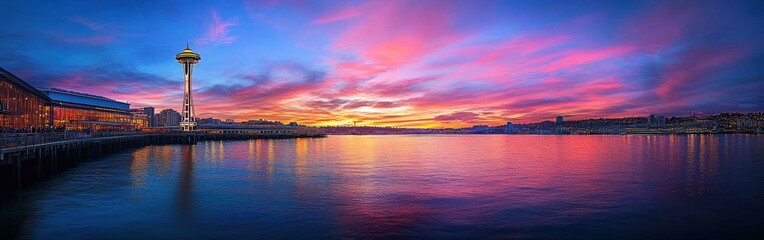 Fototapeta premium Breathtaking sunset panorama of Seattle skyline with vibrant colors reflecting on the water