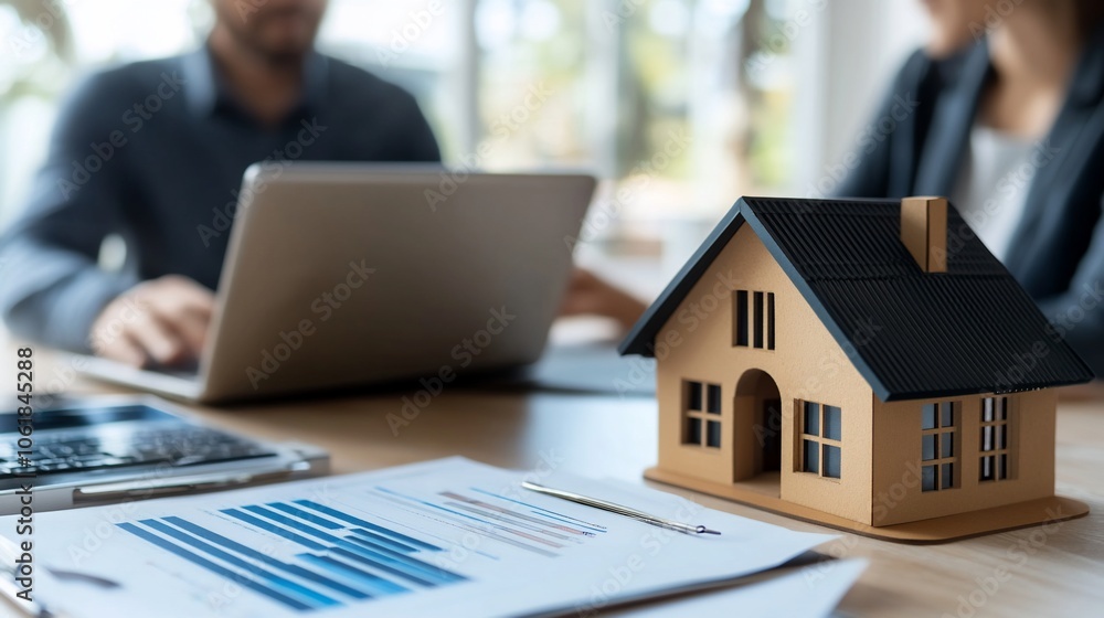 Poster a small house model sits on a table in front of two people looking at a laptop.