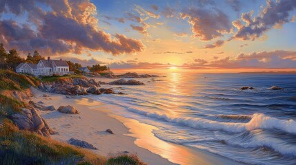 A captivating sunrise over the tranquil shores of Kennebunkport with soft waves lapping at the sandy beach