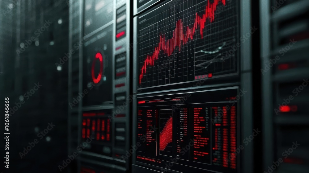 Poster a digital display featuring red graphs and data on dark panels, suggesting financial analytics or te