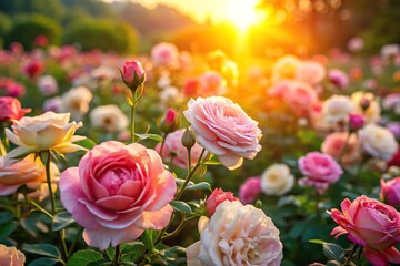 A field of roses in various stages of bloom, with the sun casting warm rays upon them, organic, landscape, botanical, nature, garden