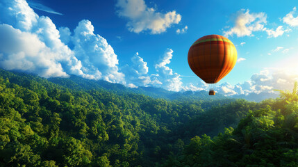 Fototapeta premium A hot air balloon is flying over a lush green forest. The sky is clear and blue, with a few clouds scattered throughout. The scene is peaceful and serene