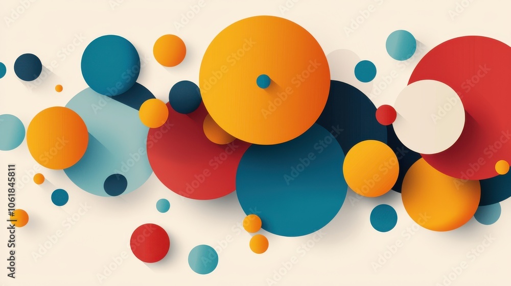 Poster a vibrant arrangement of colorful circles in varying sizes against a soft background, creating a pla