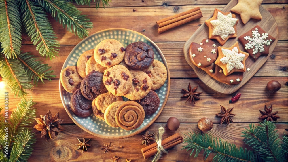 Poster A Festive Tabletop Arrangement of Delectable Cookies and Aromatic Spices with Evergreen Branches Adding a Touch of Nature