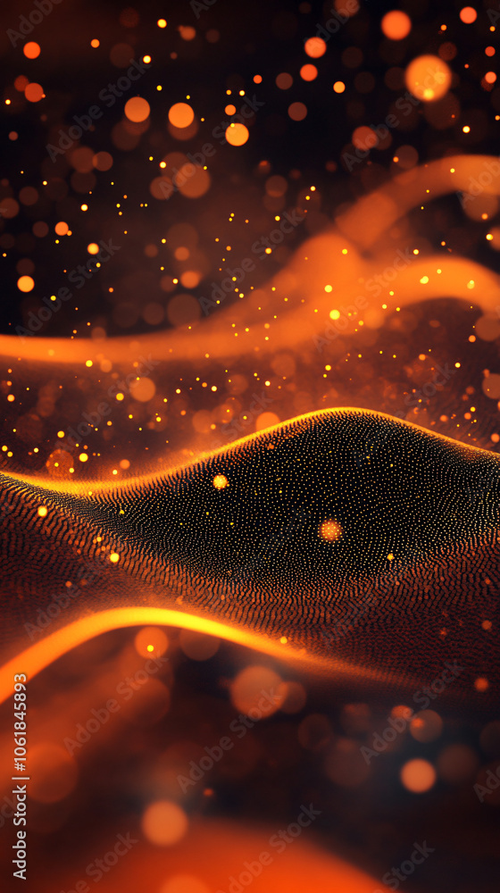 Poster dynamic orange particle waves flowing over a dark surface in abstract background