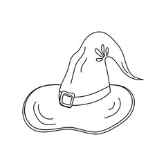 Doodle Wizard or witch Hat with stylish Belt for any magical character. Black line Vector illustration magic, Halloween, esotericism Theme.