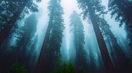 Fototapeta premium Giant Sequoias in a Foggy Forest with Majestic Atmosphere