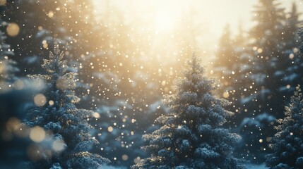 Obraz premium A tranquil winter landscape with sunlit pine trees blanketed in snow during a serene snowfall