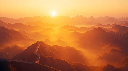 Sunrise Over the Great Wall of China with Mountain Range in the Background