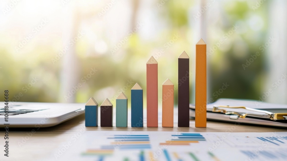 Poster a vibrant bar chart displaying data trends, surrounded by office tools, emphasizes growth and analys