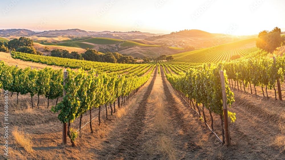 Poster expansive california vineyard at sunset with lush grapevines and rolling hills in the background