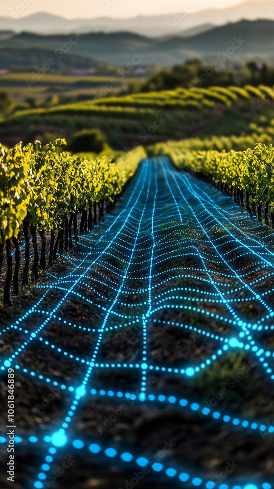 Poster sensor network is monitoring soil conditions in a vineyard at sunset, providing valuable data for op
