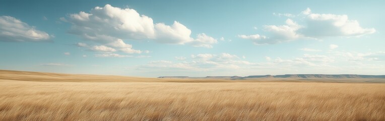 Fototapeta premium A tranquil afternoon over the expansive prairies of eastern landscapes under a clear blue sky with fluffy clouds
