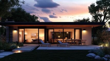 Fototapeta premium A cozy single-storey house illuminated at twilight with warm lighting and inviting outdoor seating in a peaceful setting