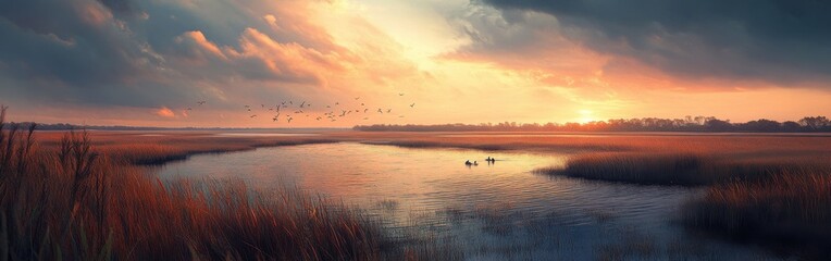 Fototapeta premium A tranquil sunset over the marshlands in Bombay, showcasing vibrant colors and serene wildlife