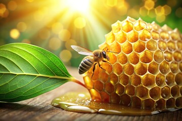 A golden honeycomb filled with glittering golden nectar drips from a honeybee's honey sac onto a soft green leaf, organic, golden, leaf, honeycomb, floral