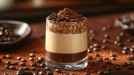 Traditional tiramisu with a layer of cocoa powder and coffee beans on top, served in a glass
