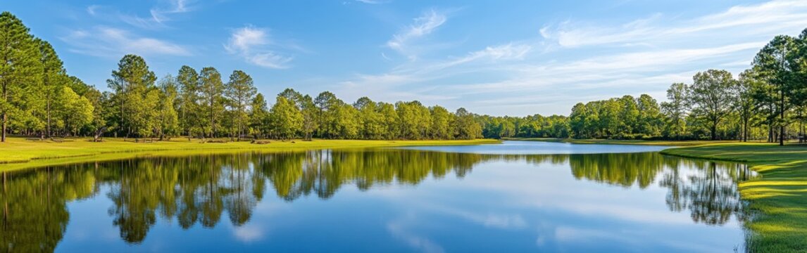A tranquil view of Lake Chicot in the morning light surrounded by lush greenery and a clear blue sky