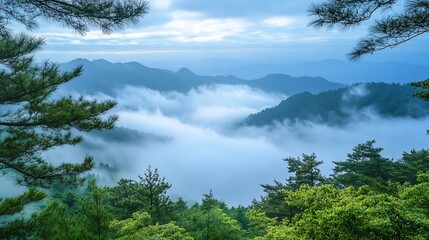 Obraz premium A scenic view of a mountain range covered in fog, with a layer of fog obscuring the peaks.
