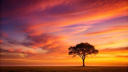 A lone tree stands isolated under a warm orange sky with hues of pink and purple blending into the horizon at dusk, atmosphere, shadows, leaves, gradient, twilight