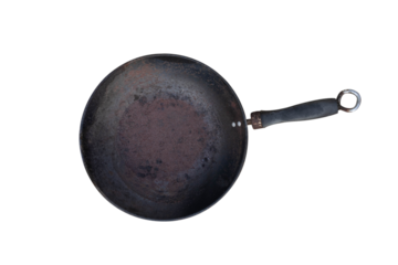 Round rusty cast iron pan isolated on white background. Do not use old rusty pans. Because it can cause health problems. PNG