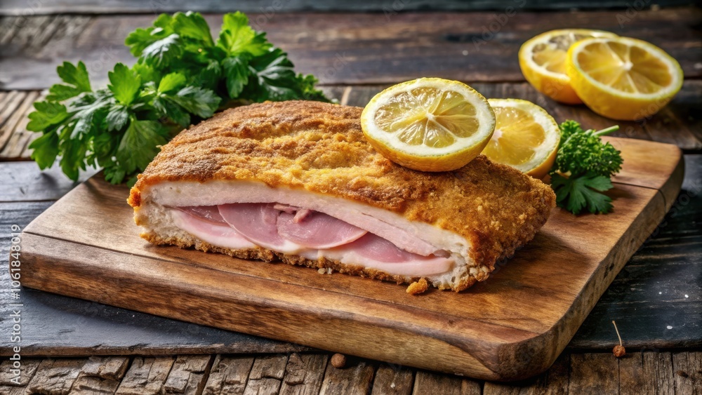 Poster a golden brown, breaded chicken cutlet filled with ham and topped with lemon slices, resting on a ru