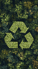 Recycle symbol appearing over a forest in an aerial view, promoting environmental awareness and sustainability