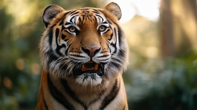 Bengal tiger face with bared fangs for strength concept. Predator close-up. Visual content for brand identity