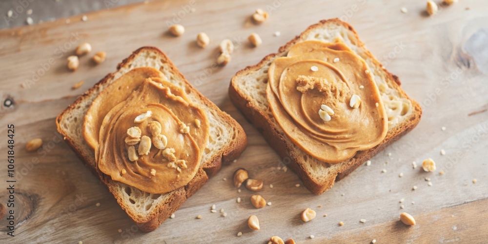 Poster two slices of toasted bread with peanut butter and toasted peanuts on a wooden cutting board