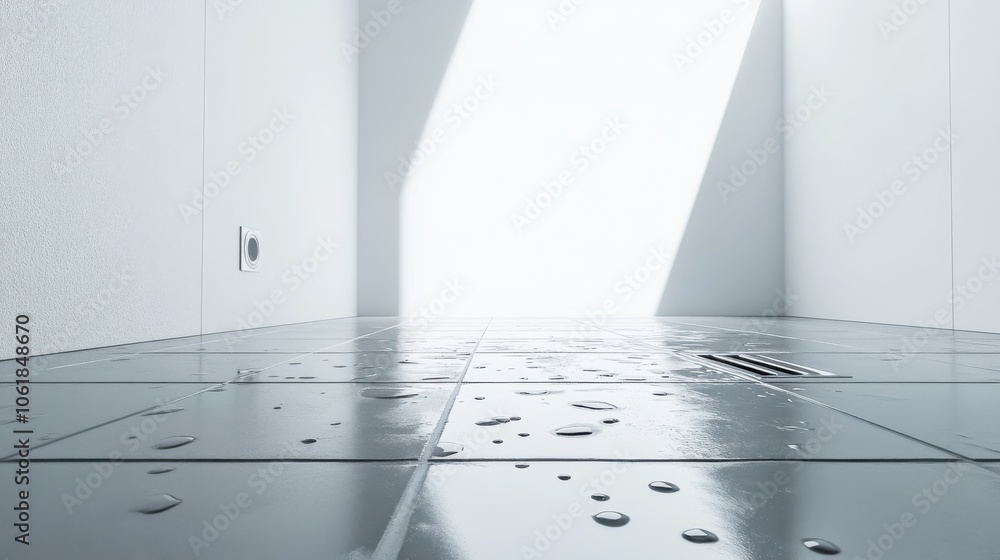 Aufkleber sunlit tiled floor with a drain and water droplets, creating a tranquil ambiance in a modern bathroo