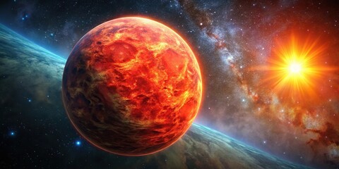 Obraz premium A majestic red giant star dominating the landscape of a distant planet, red giant, planetary system