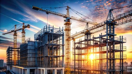 Minimalist Building Construction Site Development with Tower Cranes, Urban Skyline, Modern Architecture, Industrial Design, and Structural Progress