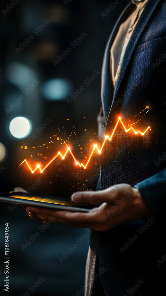 Poster business professional using a tablet to display a virtual holographic graph of business and finance 