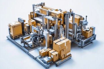 Fototapeta premium Modern automation system for packaging. This image shows an intricate setup of machines and boxes. It highlights efficiency in logistics and warehouse operations. Generative AI
