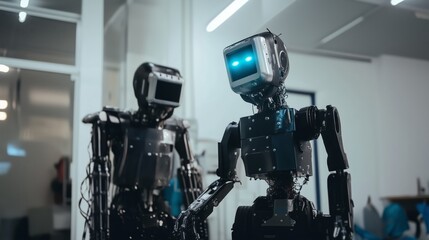 In a room, two robots are engaged in shaking hands warmly and politely
