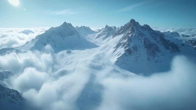 Snowy mountain peaks above clouds for aerial content. Majestic heights vista. Visual material for alpine projects