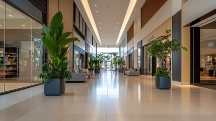 A modern shopping mall hallway with large windows, potted plants, and seating areas.