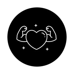 Heart Health Icon – A Strong Heart Shape with Flexed Arms Representing Cardiovascular Strength – For Dark Backgrounds