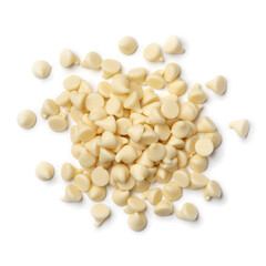 Heap of white chocolate chips close up isolated on white background