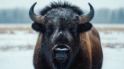 Bison Portrait In Snowy Field  Winter Wildlife Photography